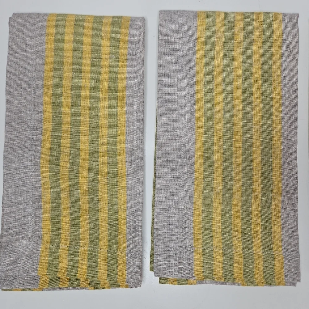 Williams Sonoma Set/4 100% Linen Dinner Napkins Neutral Tan Yellow Green Stripe